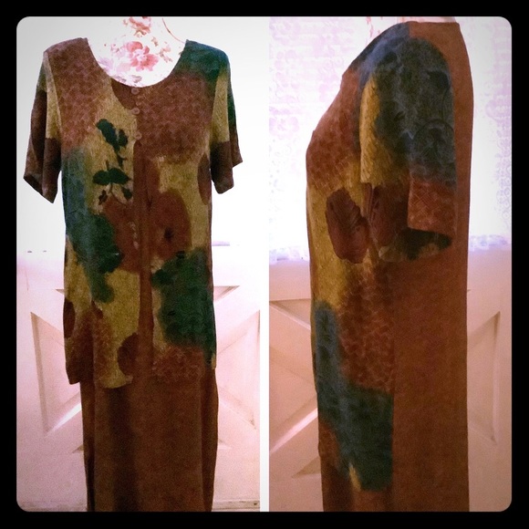 VTG “Caribou” 🍁 Rustic Print Overlay Duster Faux 2 Pc Maxi Dress - Picture 4 of 8